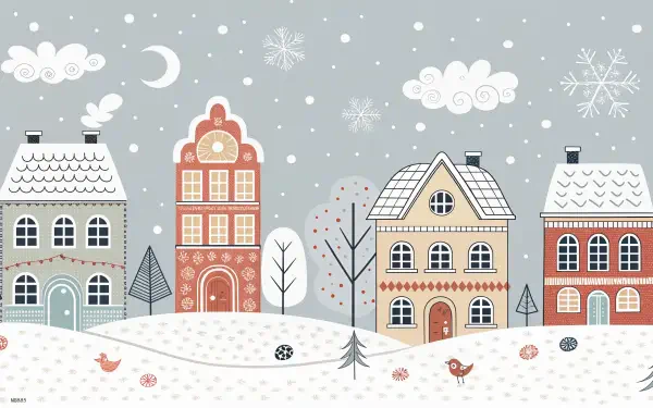 A whimsical snowy cityscape featuring colorful houses, trees, and gentle snowfall, captured in vibrant 4K Ultra HD, serves as a charming desktop wallpaper and background.