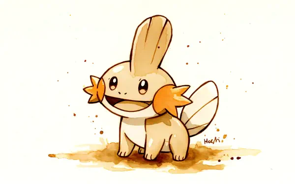 A cheerful Mudkip from Pokémon, illustrated with a light color palette and playful expression, set against a warm, textured background. This vibrant design serves as a 4K Ultra HD desktop wallpaper.