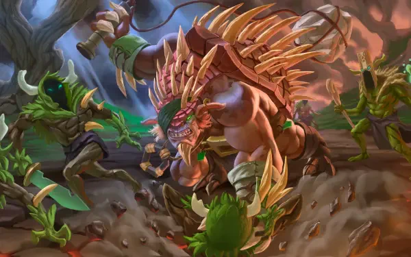 A dynamic HD wallpaper from the video game DotA, featuring a fierce, spiked creature battling against smaller foes in a vibrant, action-packed scene.