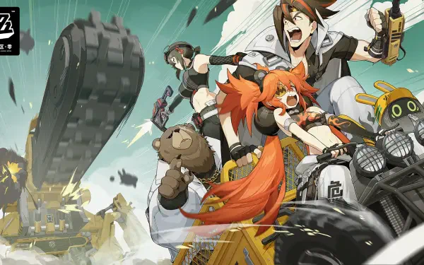 Dynamic HD wallpaper from Zenless Zone Zero featuring Koleda Belobog, Anton Ivanov, Ben Bigger, and Bangboo in an action-packed scene with vibrant colors and energy.