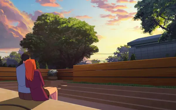 A serene scene from the TV show Invincible, featuring two characters sitting together, overlooking a vibrant sunset and a lush landscape, perfect for a stylish HD desktop wallpaper.