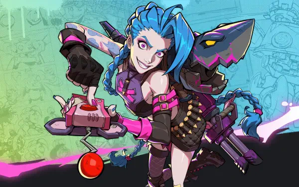 A dynamic 4K Ultra HD wallpaper featuring Jinx from League of Legends, showcasing her vibrant blue hair and playful expression while holding a game controller.