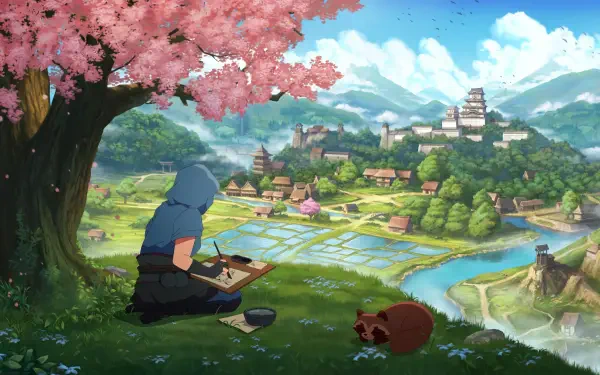 A serene landscape from Assassin's Creed Shadows, featuring a character painting under a cherry blossom tree, with a tranquil village and mountains in the background, embodying a relaxing lo-fi vibe.