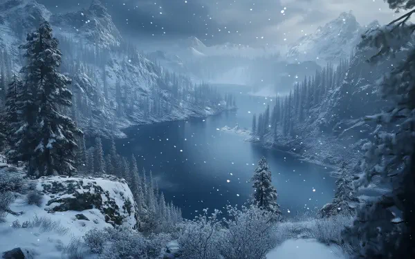 A serene winter landscape featuring a tranquil lake surrounded by snow-covered mountains and trees, with gentle snowfall creating a picturesque scene.