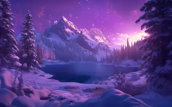 A serene fantasy landscape featuring majestic snow-capped mountains, a tranquil lake, and a vibrant purple sky, creating an enchanting HD wallpaper for desktop backgrounds.