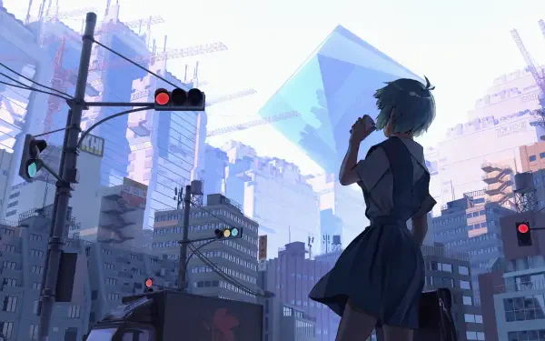 A HD desktop wallpaper featuring Rei Ayanami from Neon Genesis Evangelion, standing in a futuristic cityscape, gazing at a large blue structure amidst urban surroundings.