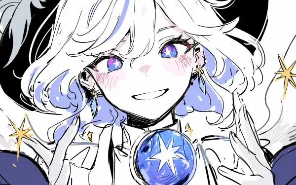 A vibrant HD desktop wallpaper featuring Furina from Genshin Impact, showcasing her cheerful expression, white anime aesthetic, and captivating blue eyes surrounded by sparkling stars.