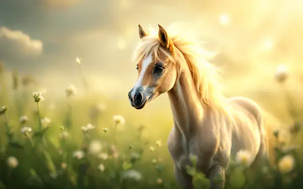 A foal standing in a sunlit meadow during golden hour, captured in stunning 4K Ultra HD quality for a serene nature desktop wallpaper.