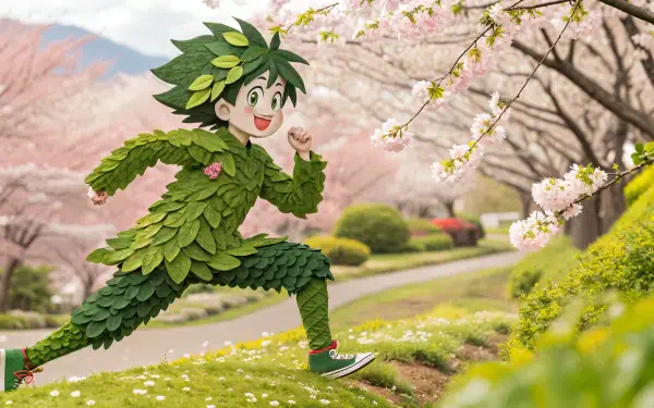A vibrant anime character made of leaves joyfully runs through a picturesque park adorned with blooming cherry blossoms, creating a lively spring scene in this 4K Ultra HD wallpaper.