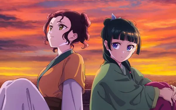 HD anime desktop wallpaper featuring Maomao and Shisui from The Apothecary Diaries against a vibrant sunset sky.