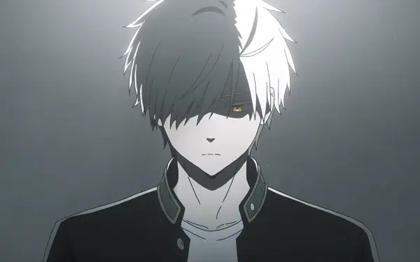 Anime 4K Ultra HD PC desktop wallpaper of Wind Breaker character Haruka Sakura: moody half-black, half-white–haired youth in a dark jacket against a soft gray background.