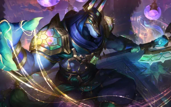 High-resolution 8K Ultra HD wallpaper featuring Nasus from League of Legends, showcasing his formidable presence and intricate armor surrounded by mystical elements.