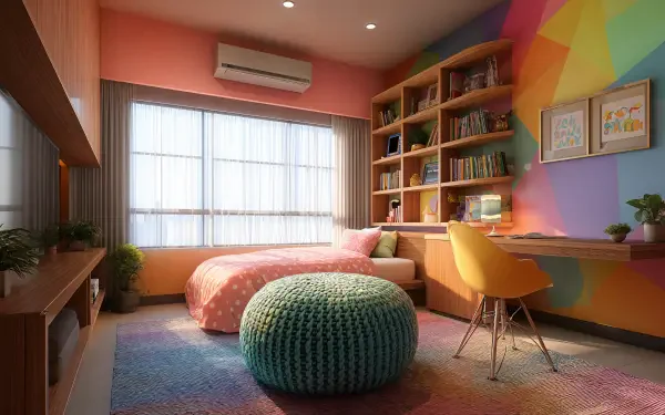 Bright and cheerful kids' room featuring a cozy bed, vibrant wall colors, a bookshelf filled with books, and a colorful pouf, bathed in natural light from large windows. 4K Ultra HD wallpaper.