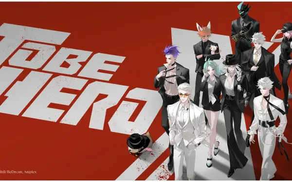 HD PC desktop wallpaper featuring characters from the anime To Be Hero X against a bold red and white backdrop with the series title displayed prominently.