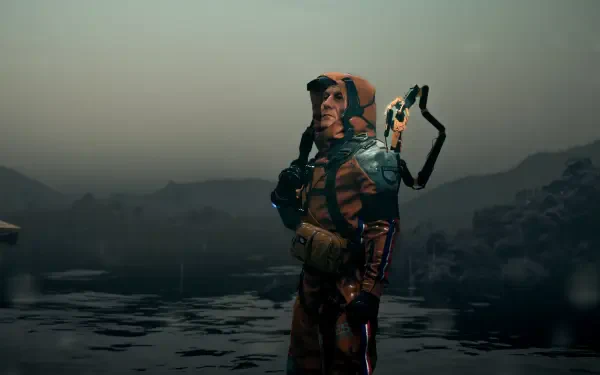 A character in an orange and blue suit stands on a misty beach, surrounded by calm waters in a scene from Death Stranding 2, captured as a 4K Ultra HD PC desktop wallpaper.