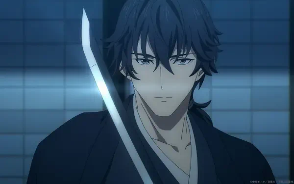 A striking HD anime desktop wallpaper featuring a character from Kijin Gentōshō, holding a sword with a focused expression in a dimly lit setting.