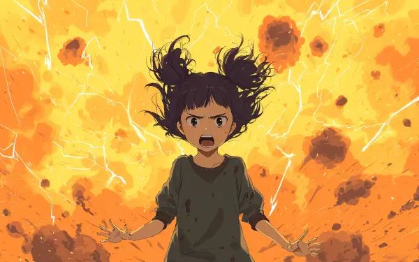 An anime girl with an angry expression stands amidst an explosive background, showcasing vibrant colors and intense energy. This image is a captivating 4K Ultra HD desktop wallpaper.
