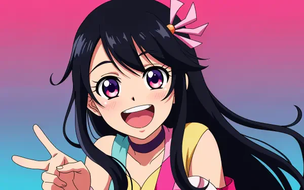 A cheerful anime character with long black hair and bright purple eyes smiles playfully, surrounded by a vibrant gradient background, making it a striking 4K Ultra HD desktop wallpaper.