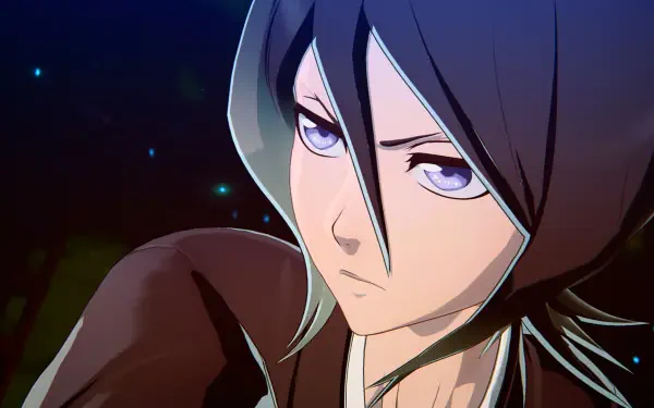 HD wallpaper featuring Rukia Kuchiki from the video game Bleach: Rebirth of Souls, showcasing her intense expression and striking features in a vibrant, dynamic setting.