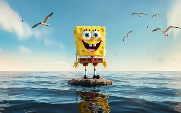 SpongeBob SquarePants stands joyfully on a rock in the ocean, surrounded by seagulls, against a vibrant sky. This image is a stunning 4K Ultra HD PC desktop wallpaper.