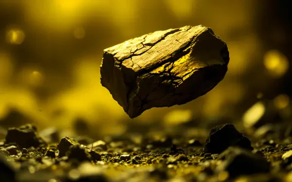 A floating meteorite surrounded by scattered rocks, illuminated by a warm golden light, creates a striking 4K Ultra HD desktop wallpaper and background.