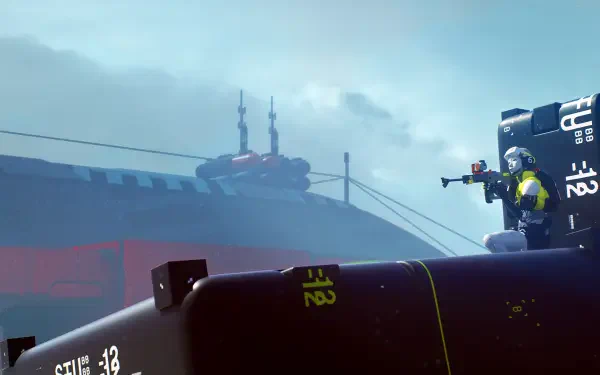 A dynamic scene from Marathon, showcasing an action-packed moment with a soldier aiming from a vantage point, set against a dramatic sky. High-definition PC desktop wallpaper.