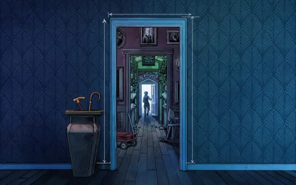 A captivating HD wallpaper featuring a doorway framed in rich blue tones, revealing a mysterious hallway and a figure in the distance, inspired by the video game Blue Prince.