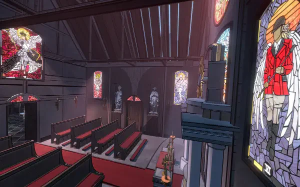 A captivating 4K Ultra HD wallpaper featuring an intricate video game scene from Blue Prince, depicting a stylized interior of a church with stained glass and elegant architecture.