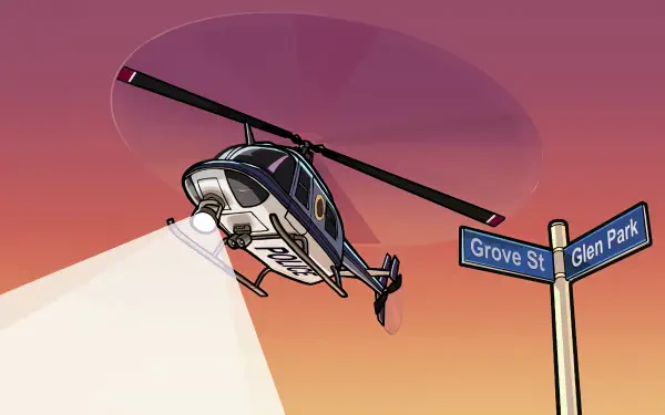 A helicopter hovers over street signs for Grove St and Glen Park, set against a vibrant sunset, capturing the essence of Grand Theft Auto: San Andreas in 4K Ultra HD.