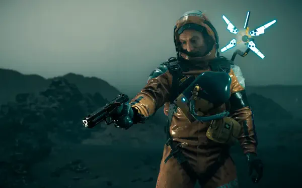 A character in an orange spacesuit, holding a gun, stands on a rocky landscape in the 4K Ultra HD wallpaper for *Death Stranding 2: On The Beach*, evoking a sense of tension and adventure.