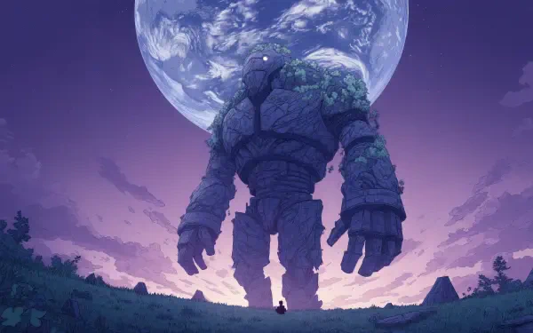 A giant stone figure towers over a lone figure beneath a large moon, set against a vibrant twilight sky. This stunning fantasy scene makes for an impressive 4K Ultra HD desktop wallpaper.