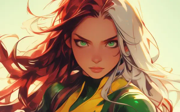 A vibrant HD wallpaper featuring Rogue from X-Men, depicted as an anime girl with striking green eyes and flowing hair, capturing her dynamic and fierce presence.