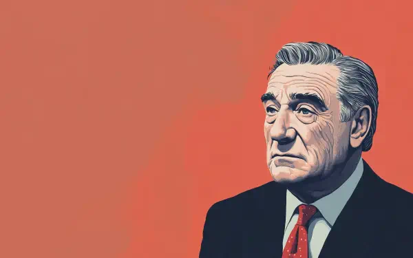 A stylized illustration of Robert De Niro, featuring his serious expression against a vibrant orange background, designed for desktop wallpaper use.