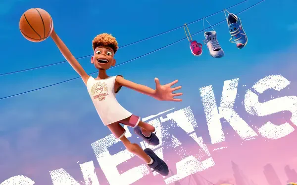 A vibrant 4K Ultra HD wallpaper featuring a basketball player in the animated movie Sneaks (2025), joyfully leaping with shoes hanging above him against a colorful backdrop.