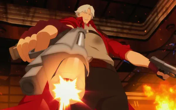Dante from Devil May Cry stands confidently, aiming a gun with a fiery background. This 4K Ultra HD wallpaper captures the action-packed essence of the anime.