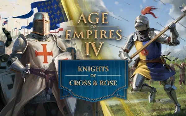 HD wallpaper for Age of Empires IV featuring knights in armor, showcasing the game's medieval themes and characters. A vibrant backdrop highlights the epic battles of the game.