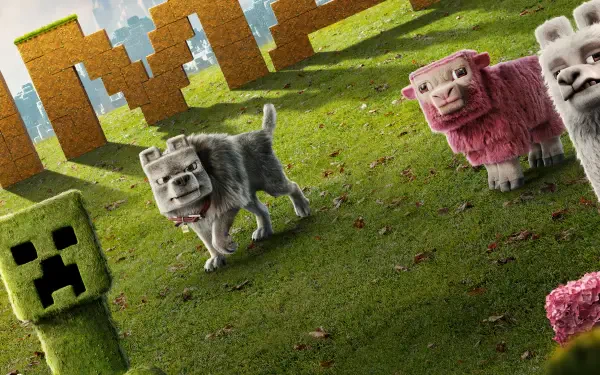 Colorful characters from the Minecraft Movie interact in a vibrant landscape, showcased in a stunning 4K Ultra HD wallpaper for an immersive desktop experience.