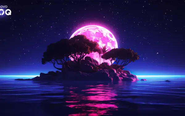 A vibrant HD desktop wallpaper featuring a serene island with trees bathed in pink moonlight, set against a starry night sky, showcasing Lenovo technology visuals.