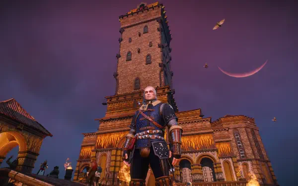 A stunning HD wallpaper from The Witcher 3: Wild Hunt - Blood and Wine, featuring Geralt in front of an ornate tower against a vibrant purple sky.