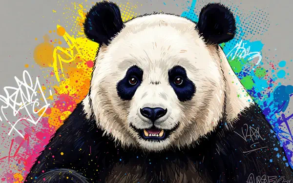 A vibrant 4K Ultra HD desktop wallpaper featuring a realistic panda against a colorful, graffiti-inspired background, showcasing its playful expression and distinctive markings.