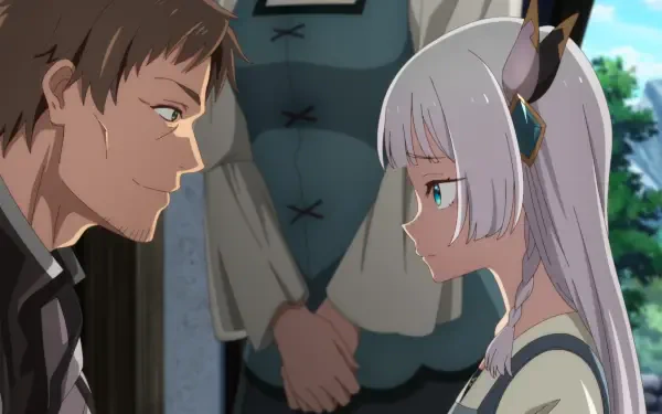A scene from the anime From Old Country Bumpkin to Master Swordsman, featuring two characters sharing a tense moment, set against an engaging background. High-definition wallpaper.
