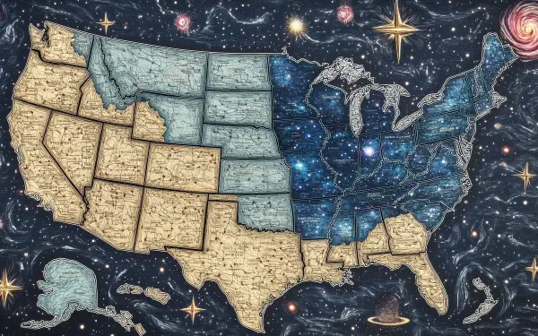 Colorful map of the United States, featuring detailed states against a starry background, designed as a high-definition desktop wallpaper and background.