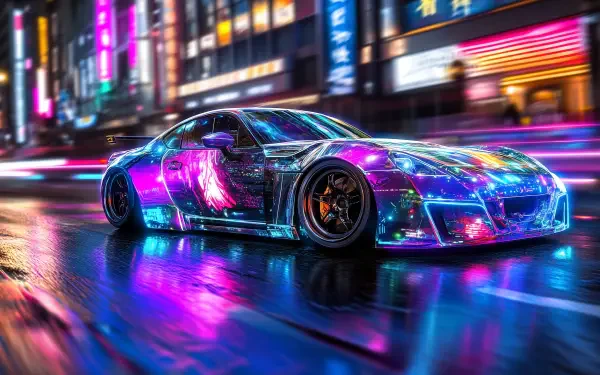 A sleek, futuristic car illuminated by vibrant neon lights races down a wet city street, capturing the thrilling essence of Need For Speed in this HD wallpaper.