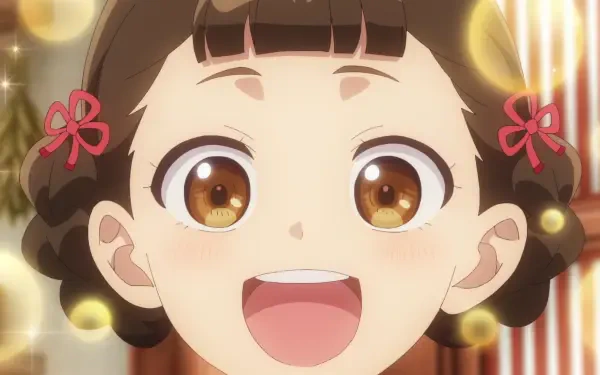 Anime-style close-up of Xiaolan from The Apothecary Diaries, smiling brightly with sparkling brown eyes and red ribbon accents in her braided hair.
