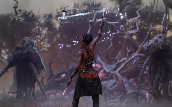 A character from the video game South of Midnight stands confidently, wielding a staff against a backdrop of twisted trees and mysterious creatures, showcasing a captivating 4K Ultra HD scene.