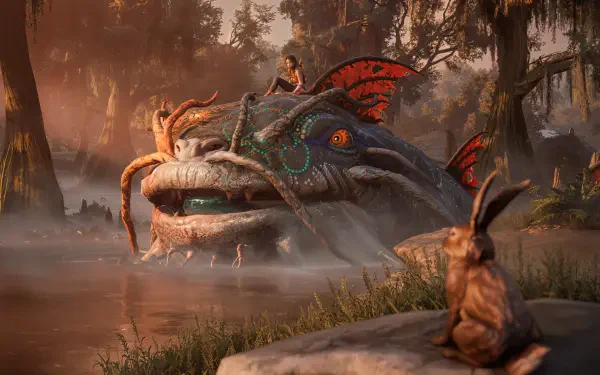 A fantastical scene from the video game South of Midnight, showcasing a giant creature in a misty swamp, with a character on its back and a rabbit watching nearby. 4K Ultra HD quality.