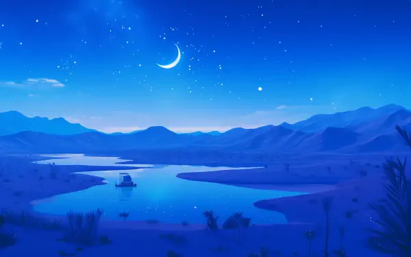 A serene anime landscape features an oasis in a desert under a starry sky, with mountains and a calm river illuminated by a crescent moon, making for a captivating HD wallpaper.