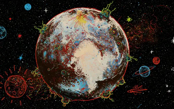 A vibrant 4K Ultra HD wallpaper depicting Pluto surrounded by colorful cosmic elements and stars, creating a dynamic and immersive space background.