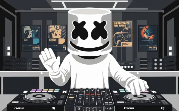 Colorful 4K Ultra HD wallpaper featuring Marshmello, the DJ, in a stylized studio setting, mixing music and waving, surrounded by posters of classic tracks.