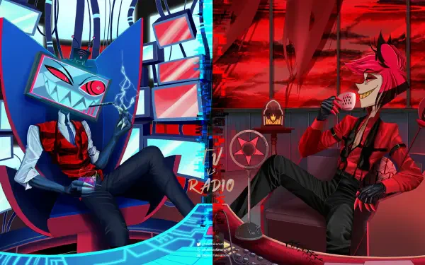 HD wallpaper featuring Vox and Alastor from the TV show Hazbin Hotel, showcasing vibrant colors and dynamic poses against contrasting backgrounds.